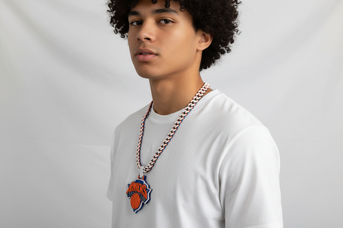 Person wearing a custom 3D printed New York Knicks hype chain necklace