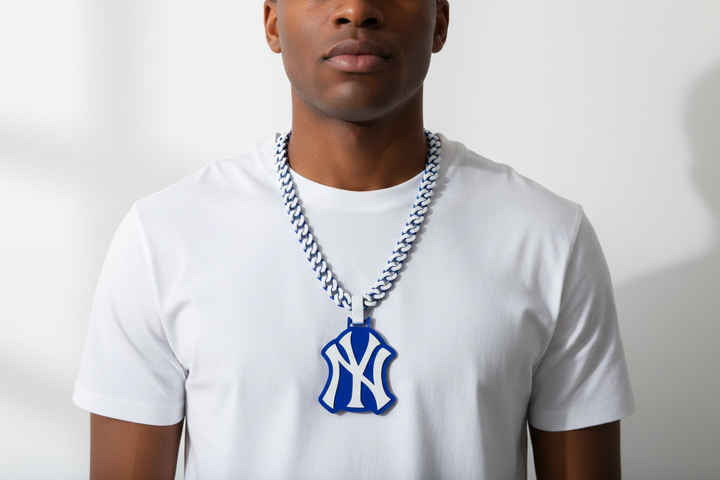 Person wearing a custom 3D printed New York Yankees hype chain necklace