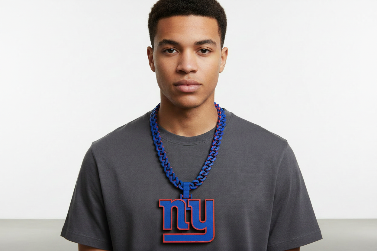 Person wearing a custom 3D printed New York Giants hype chain necklace
