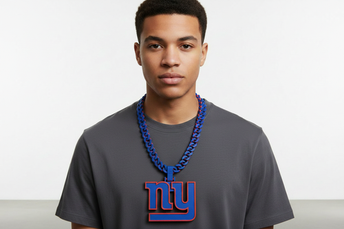 Person wearing a custom 3D printed New York Giants hype chain necklace