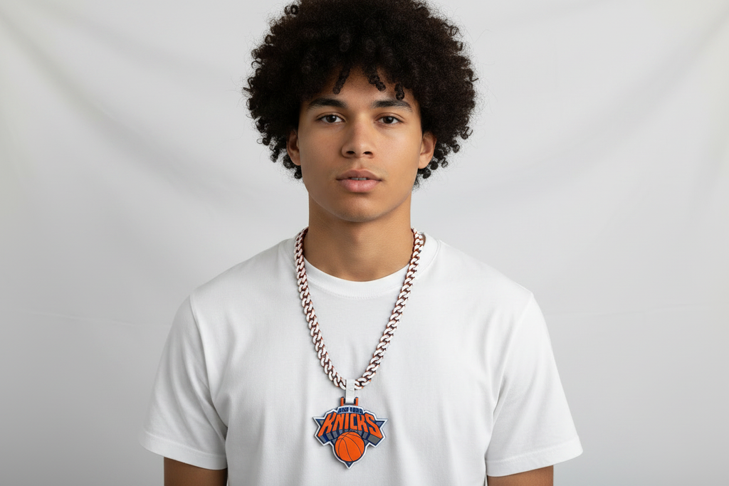 Person facing forward wearing a custom 3D printed New York Knicks hype chain necklace