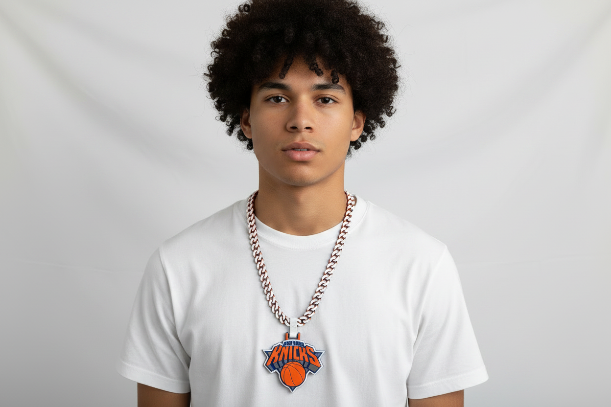 Person facing forward wearing a custom 3D printed New York Knicks hype chain necklace